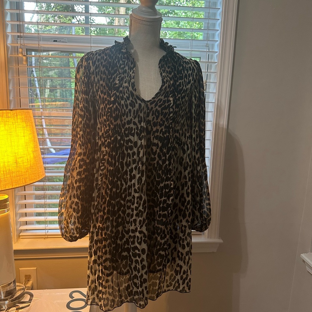Ganni Leopard Print Pleated Georgette Long Sleeve Minidress - Picture 2 of 6